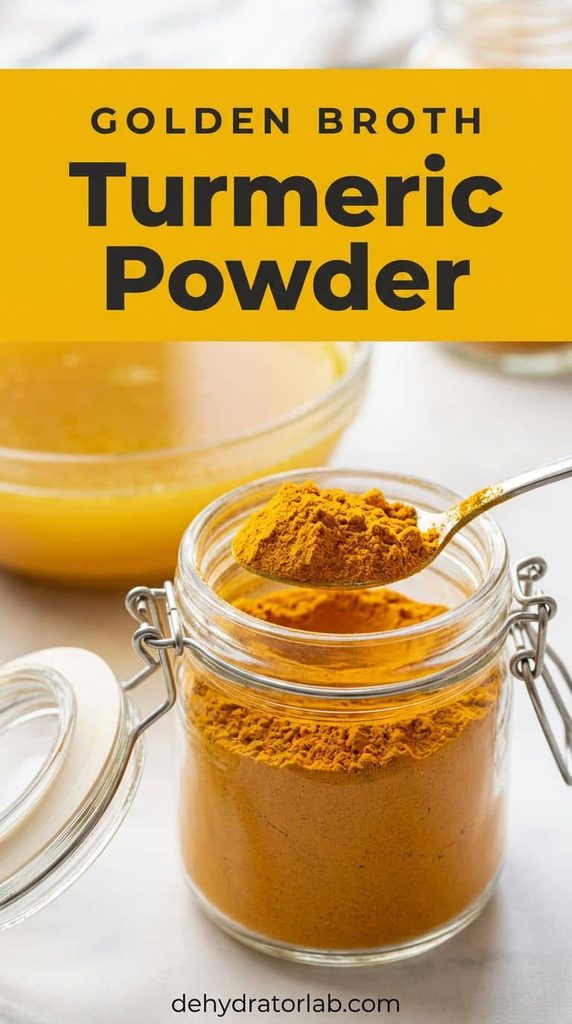 A small jar of golden turmeric powder next to a bowl of golden broth