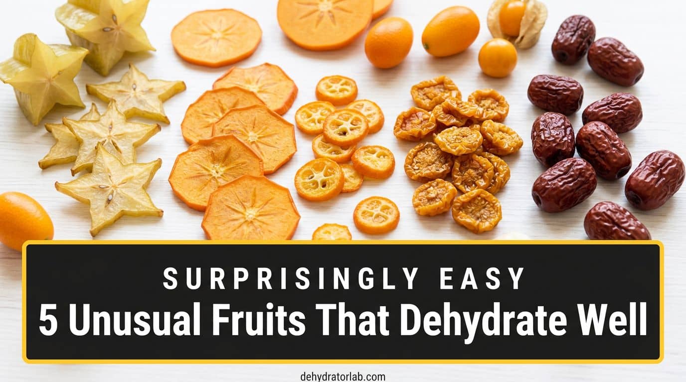 Dried star fruit slices, persimmon chips, kumquat rounds, golden berries, and jujubes arranged on a bright kitchen counter