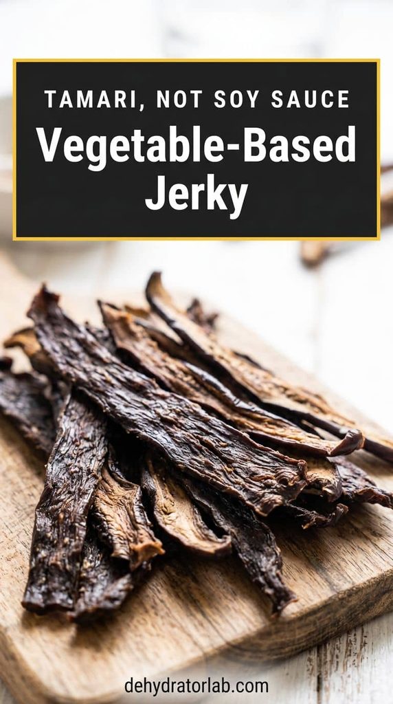 Chewy strips of dehydrated mushroom and eggplant vegetable jerky