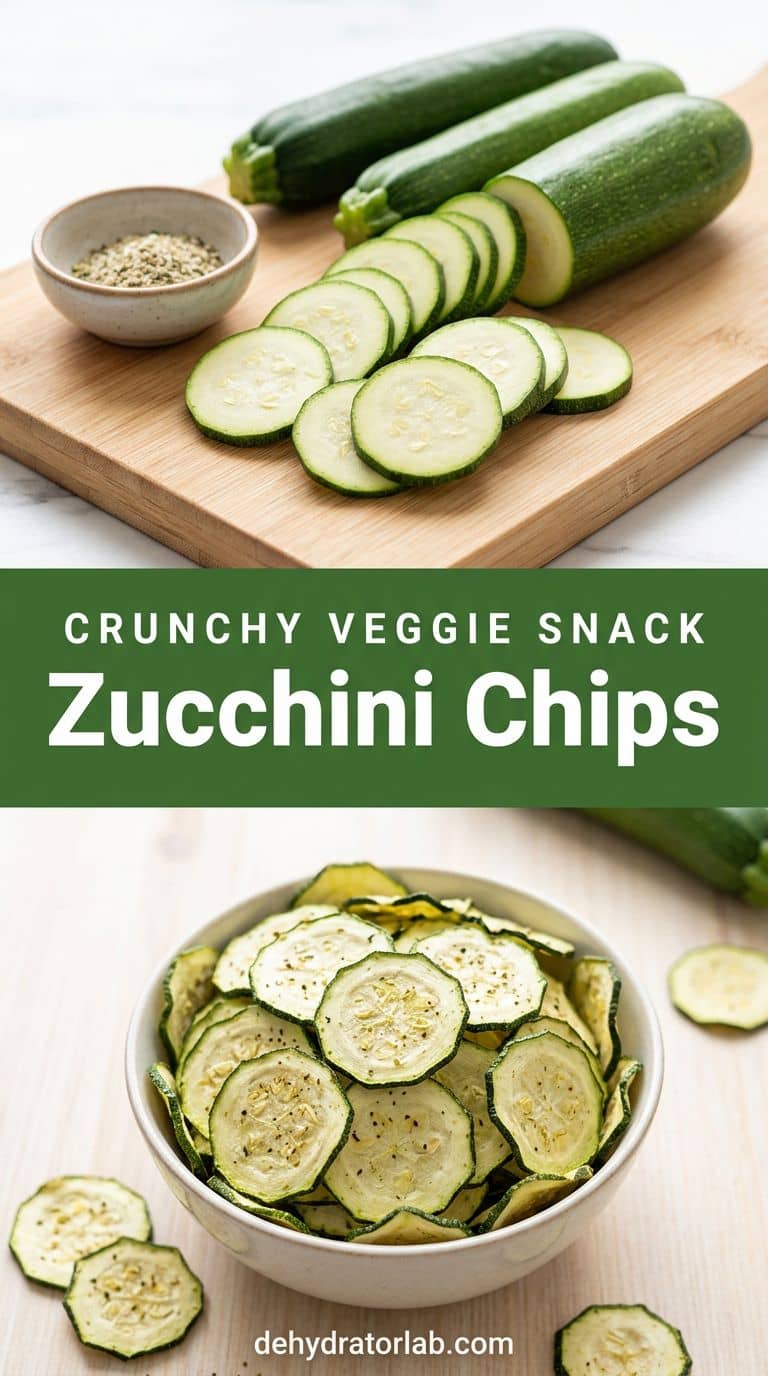 Crisp seasoned zucchini chips in a bowl next to fresh zucchini